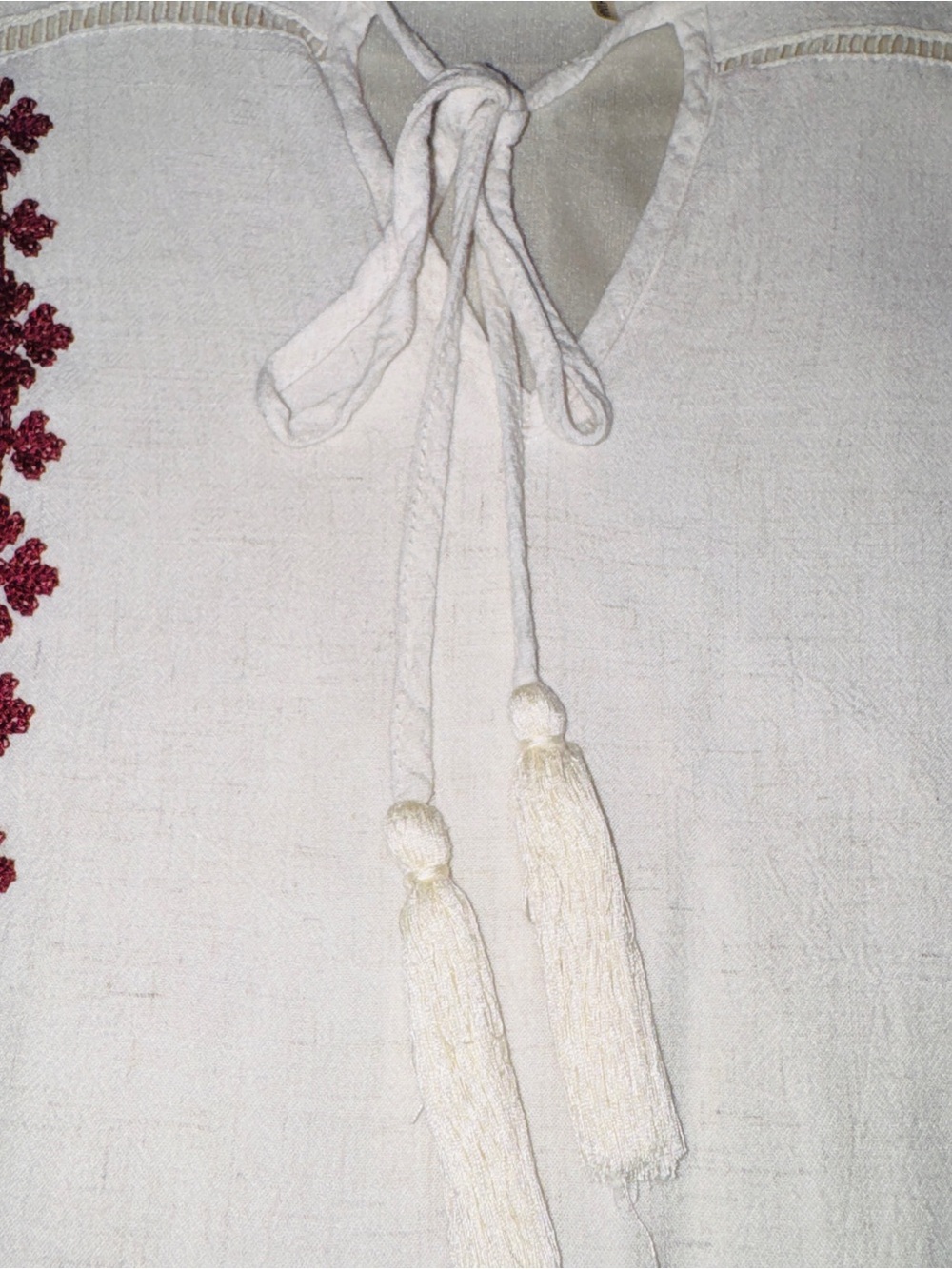 THML Boho Linen Blend Tassel Tie Cream Embroidered Mini Shirt Dress - Picture 9 of 9